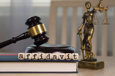 Word AFFIDAVIT composed of wooden dices. Wooden gavel and statue of Themis in the background. Closeup